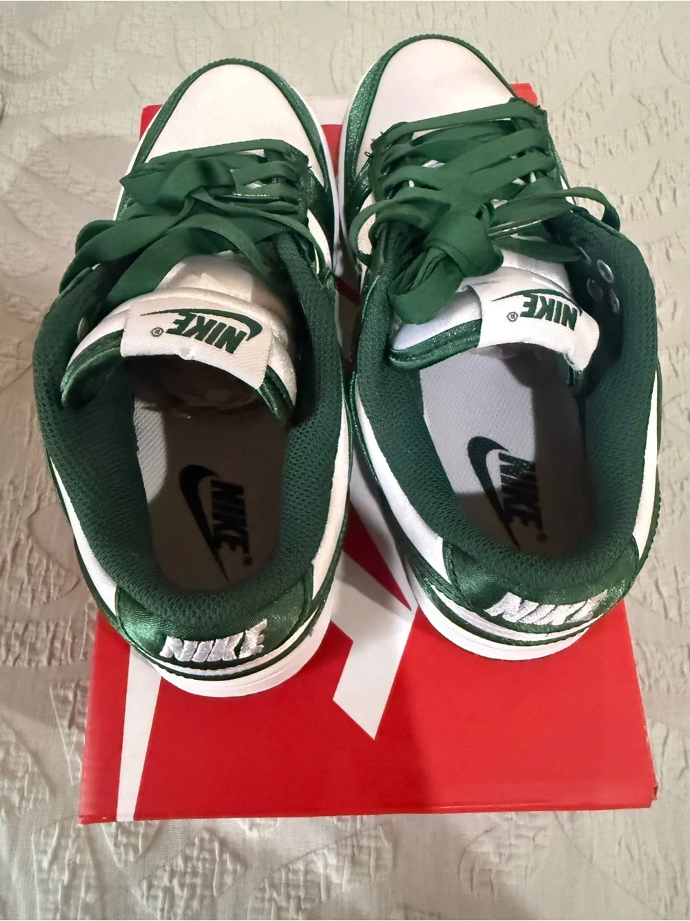 Nike Kids Dark Green Satin and White Low-Top Sneakers